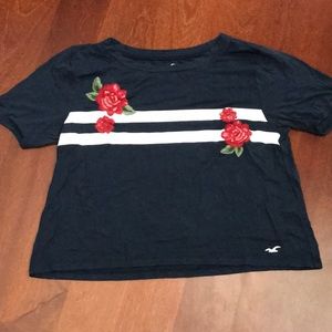 Hollister blue crop top with rose embroidery